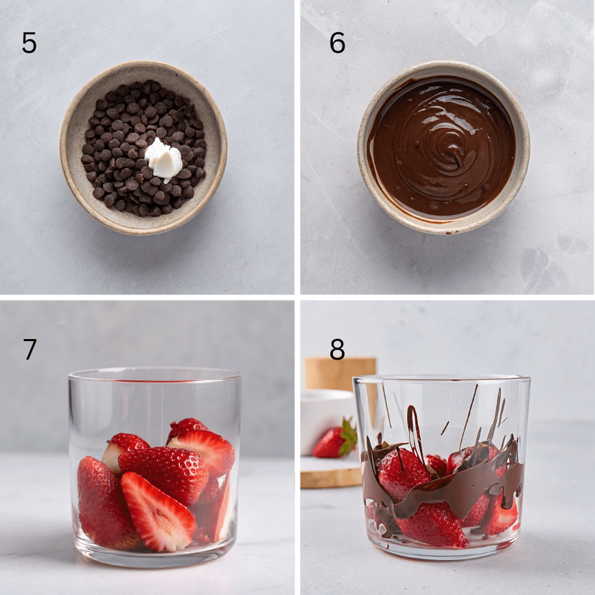 Step-by-step layering of strawberries and chocolate Assembling Dubai chocolate strawberries dessert