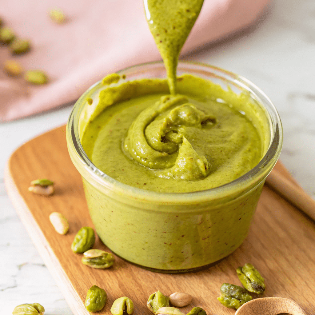 homemade-pistachio-butter-spread. Homemade pistachio butter spread in a jar